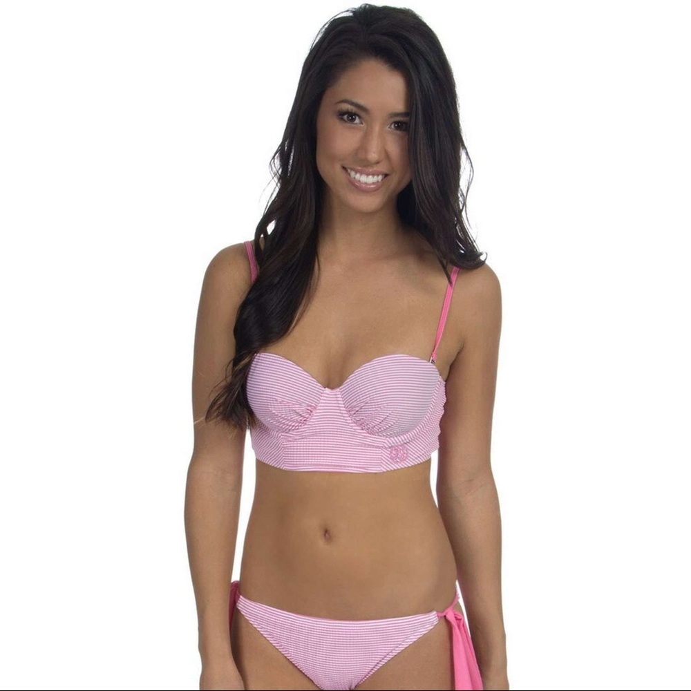 Lauren James Lace Up Bikini Top- Pink Seersucker